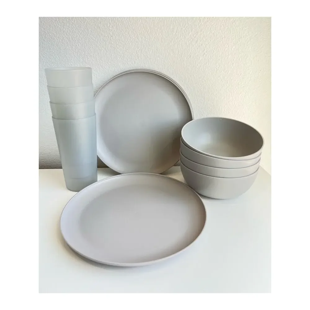 NEW 12pcs Mainstays Plastic Dinner Plates Cereal Bowls & tumblers Set, Gray